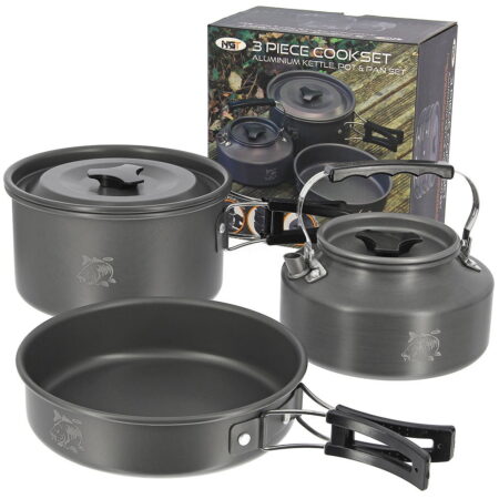 NGT Aluminium Outdoor Cook Set – 1.1 litre Kettle, Pot and Pan in Gun Metal